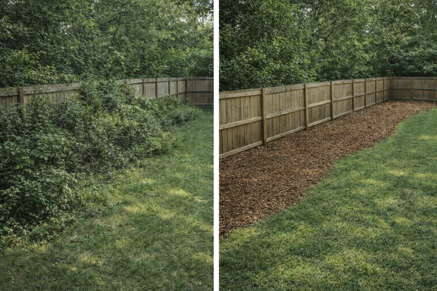Before and after backyard brush clearing and forestry mulching, Spotsylvania area