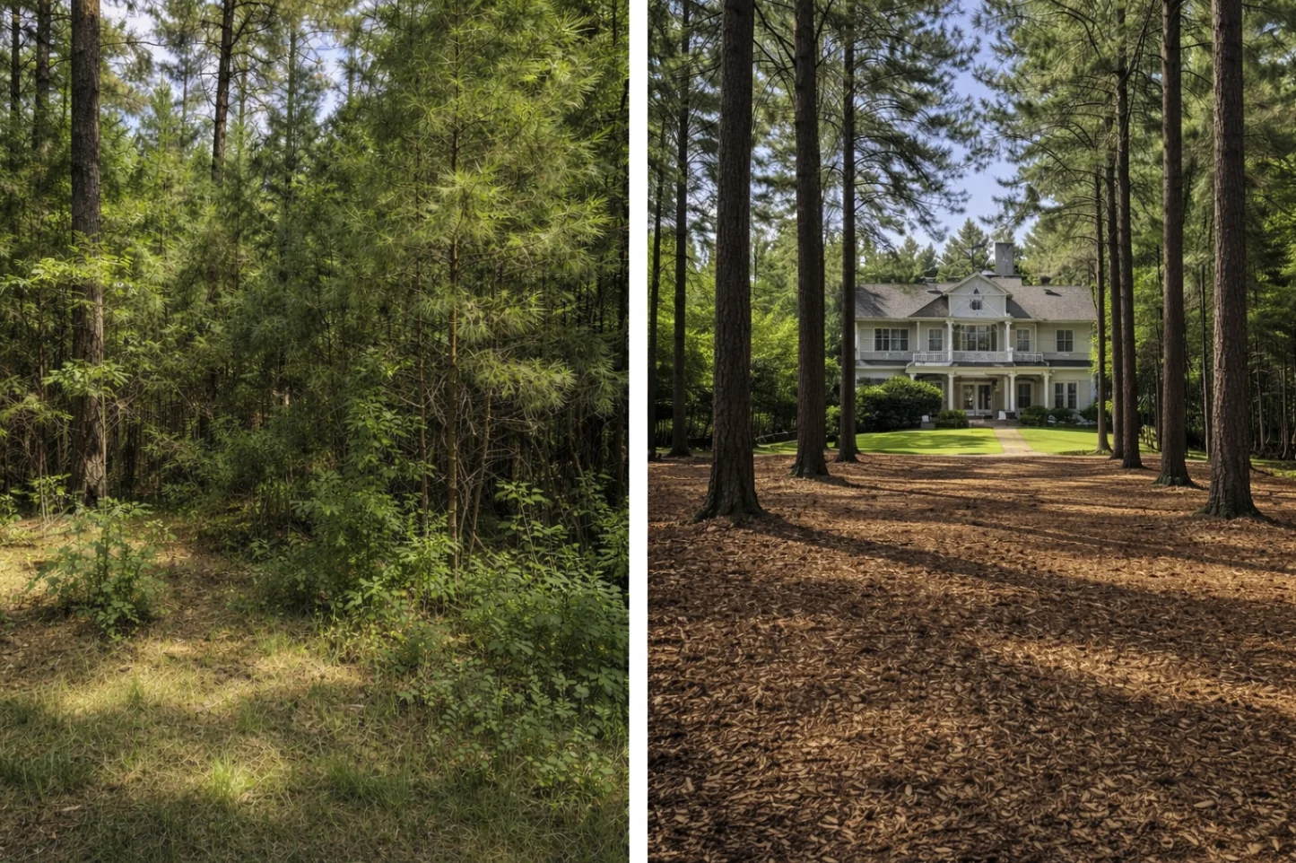 Before and after front yard brush clearing with a clearer view of the home, Fredericksburg area
