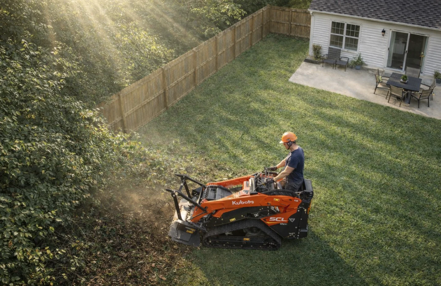 Mini skid steer mulcher working a narrow or backyard area, central Virginia